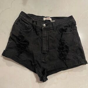 Distressed black denim shorts